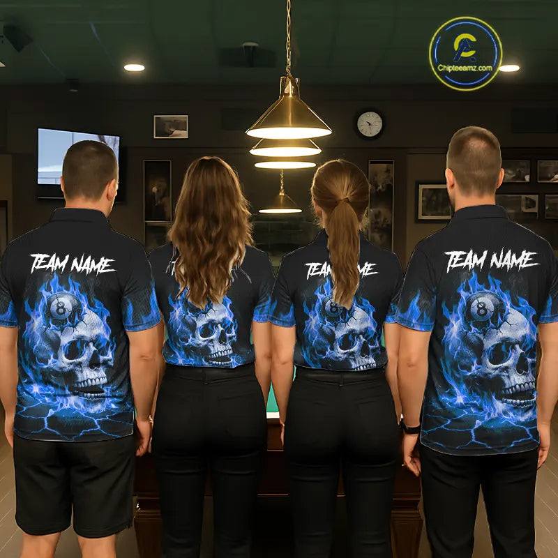 Blue Flaming Skull 8 Ball Billiard Shirt For Women Custom Pool Team Jersey Polo & Quarter Zip TDM5422