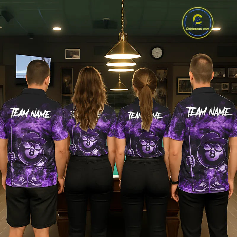 Purple Funny 8 Ball Pool Flame Smoke Billiard Shirt For Men Custom Billiard Team Jersey Uniform TDM5694