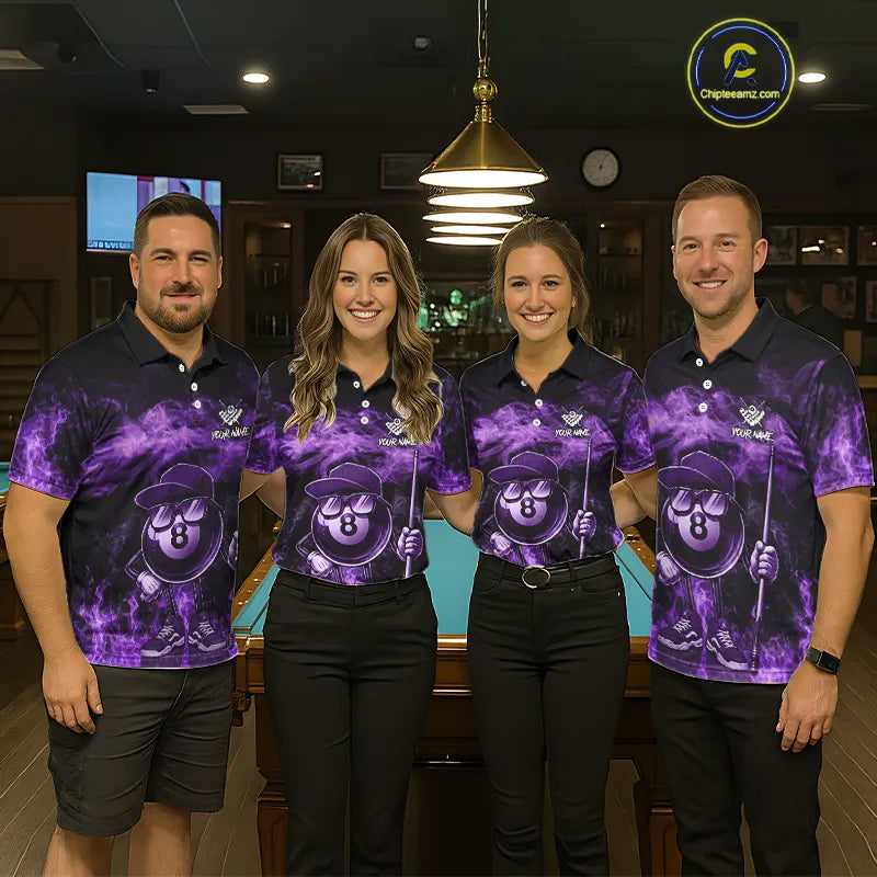 Purple Funny 8 Ball Pool Flame Smoke Billiard Shirt For Men Custom Billiard Team Jersey Uniform TDM5694