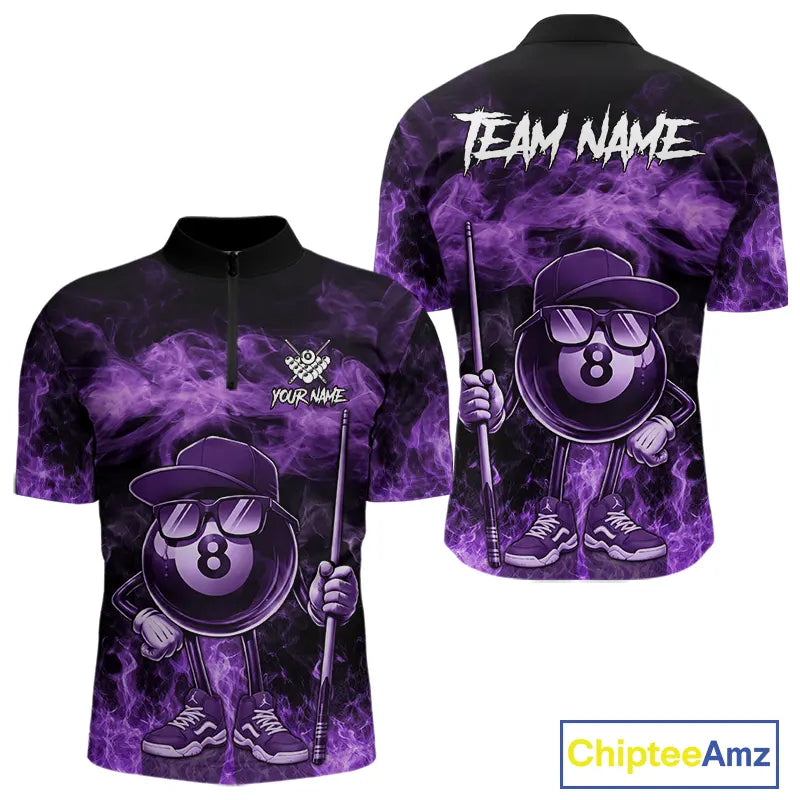 Purple Funny 8 Ball Pool Flame Smoke Billiard Shirt For Men Custom Billiard Team Jersey Uniform TDM5694