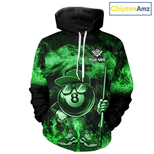 Green Funny 8 Ball Pool Flame Smoke Billiard Hoodie For Men And Women Custom 8 Ball Hoodie Jersey TDM5695