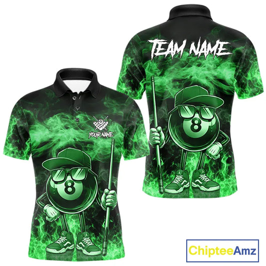 Green Funny 8 Ball Pool Flame Smoke Billiard Shirt For Men Custom Billiard Team Jersey Uniform TDM5695