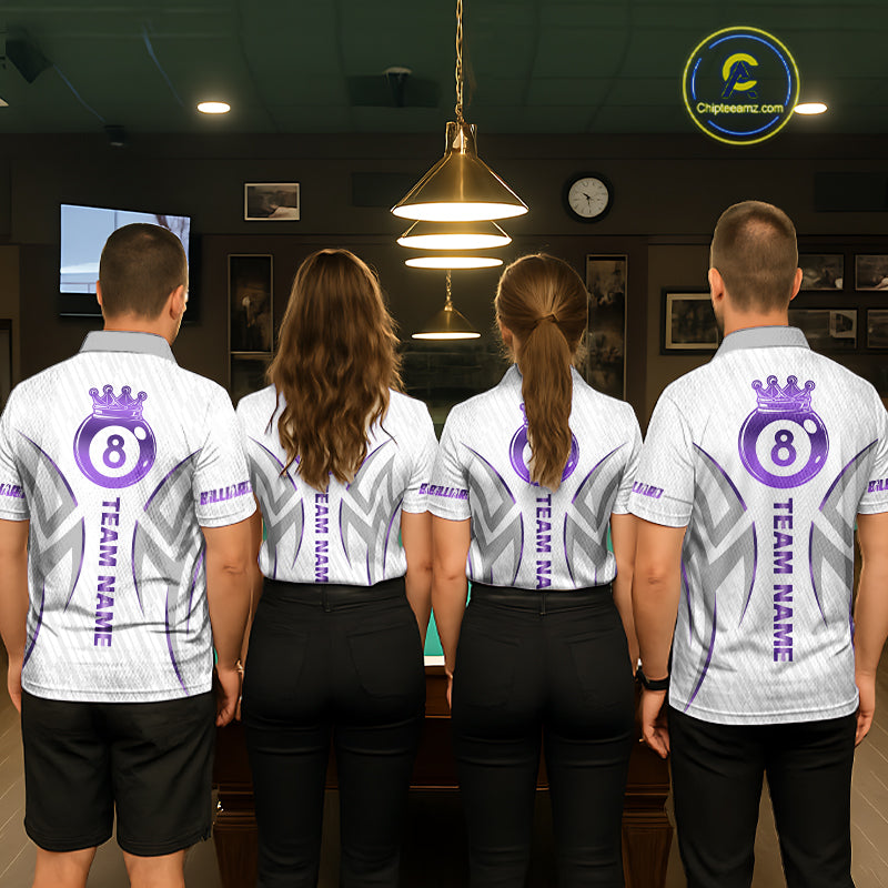 White And Purple Custom Crown 8 Ball Women's Billiards Shirts, Billiard Jersey Team Polo & 1/4 Zip TDM6054