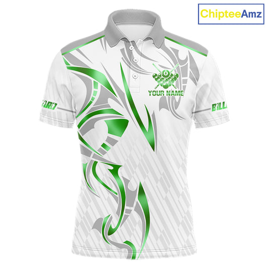 White And Green Custom Crown 8 Ball Men's Billiards Shirts, Billiard Jersey Team Polo & 1/4 Zip TDM6055