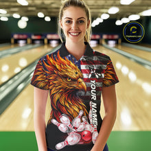 Load image into Gallery viewer, Woman Wearing Smoke American Flag Phoenix Bowling Polo Shirt Front View Custom Patriotic Bowling Jersey