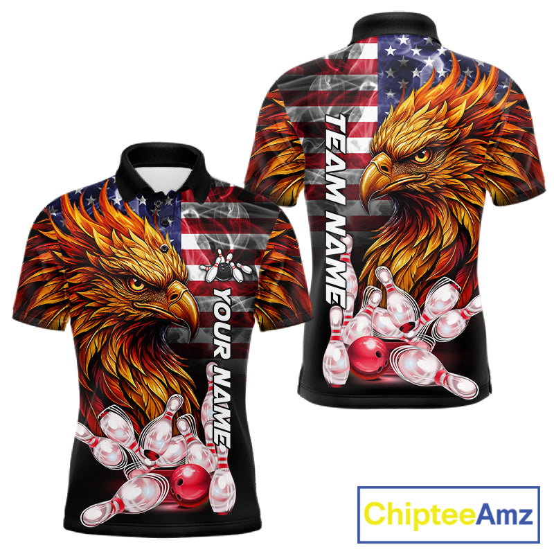 Smoke American Flag Phoenix Bowling Custom Polo Shirt For Men Patriotic Bowling League Team Jersey