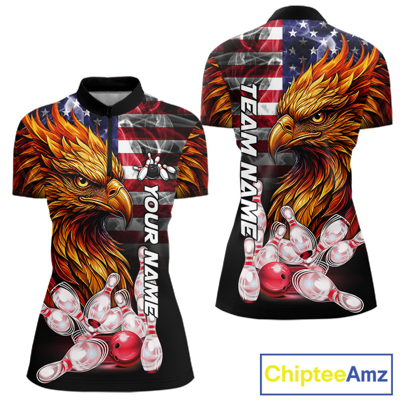 Smoke American Flag Phoenix Bowling Quarter Zip Shirt For Women Custom Patriotic Bowling Team Jersey