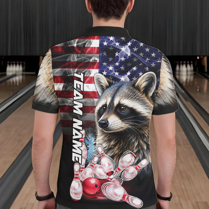 Man Wearing Smoke American Flag Raccoon Bowling Polo Shirt Back View Patriotic Bowling Team Jersey