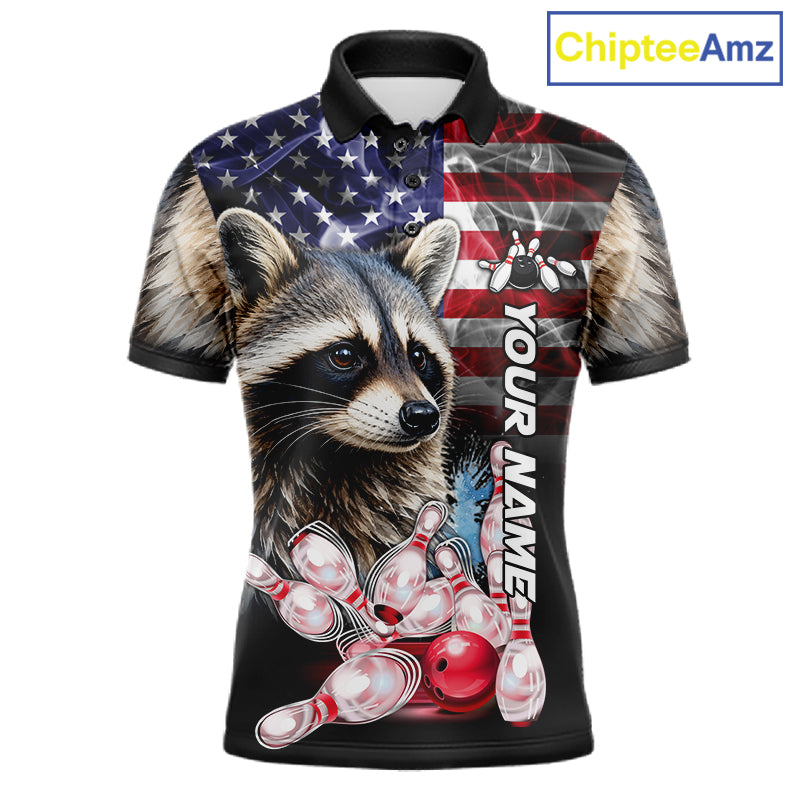 Smoke American Flag Raccoon Bowling Polo Shirt For Men Custom Patriotic Bowling Team Jersey Design
