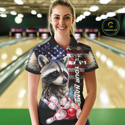 Woman Wearing Smoke American Flag Raccoon Bowling Polo Shirt Front View Custom Patriotic Bowling Jersey