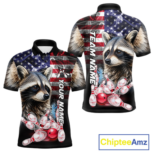 Smoke American Flag Raccoon Bowling Custom Polo Shirt For Men Patriotic Bowling League Team Jersey