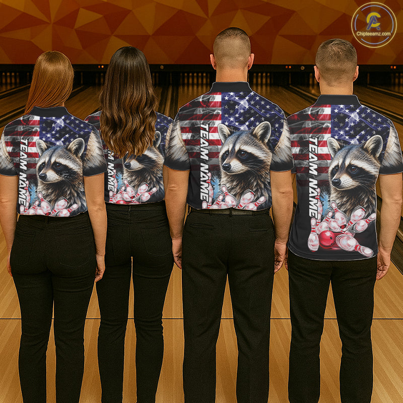 Bowling Team Wearing Smoke American Flag Raccoon Bowling Polo Shirts Back View
