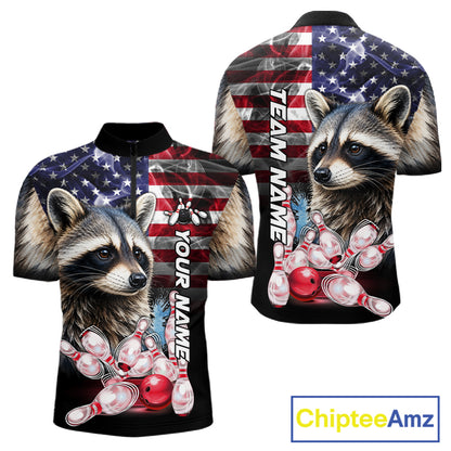 Smoke American Flag Raccoon Bowling Quarter Zip Shirt For Men Custom Patriotic Bowling Team Jersey