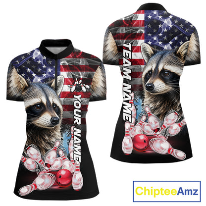 Smoke American Flag Raccoon Bowling Quarter Zip Shirt For Women Custom Patriotic Bowling Team Jersey