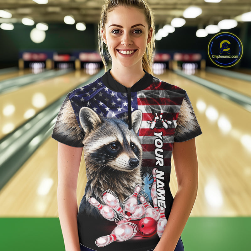Woman Wearing Smoke American Flag Raccoon Bowling Quarter Zip Shirt Front View Custom Bowling Jersey