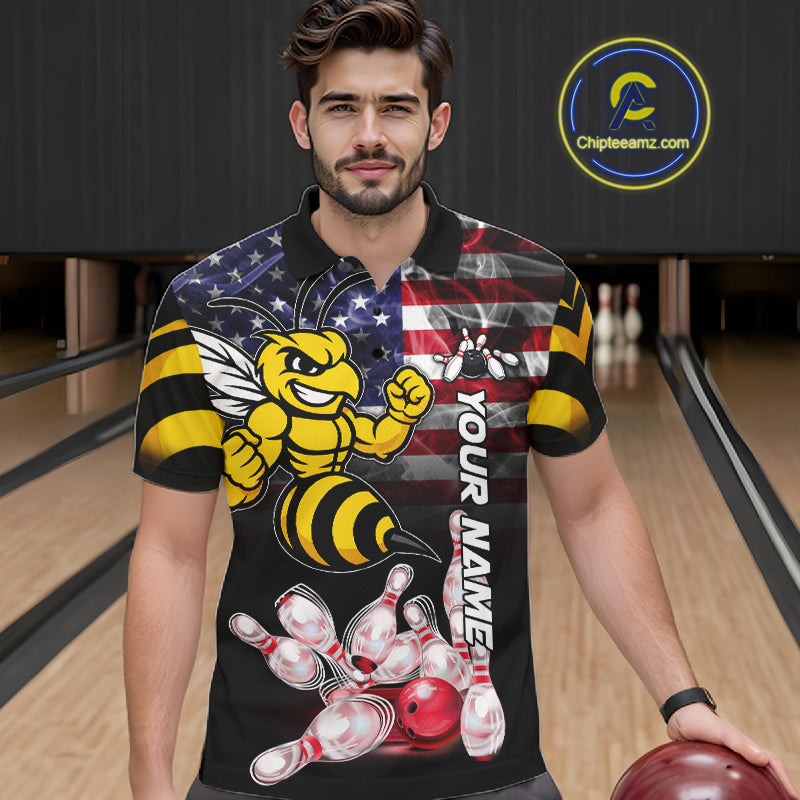 Man Wearing Smoke American Flag Funny Bee Bowling Polo Shirt Front View Custom Patriotic Bowling Jersey