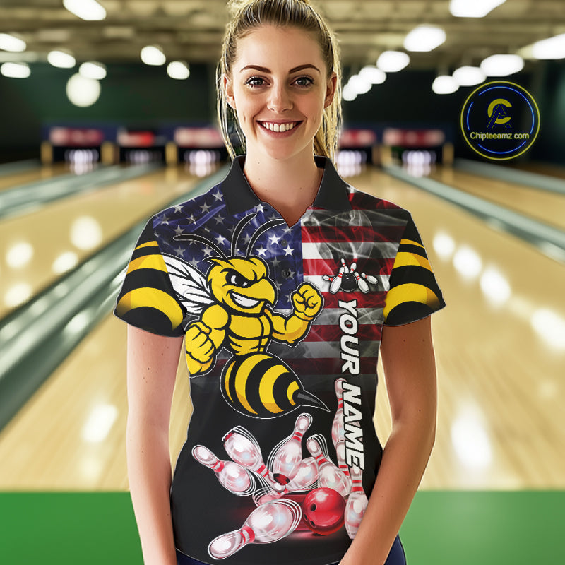 Woman Wearing Smoke American Flag Funny Bee Bowling Polo Shirt Front View Custom Patriotic Bowling Jersey