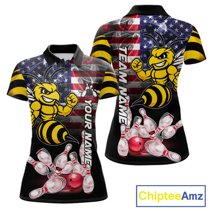 Smoke American Flag Funny Bee Bowling Custom Polo Shirt For Women Patriotic Bowling League Team Jersey