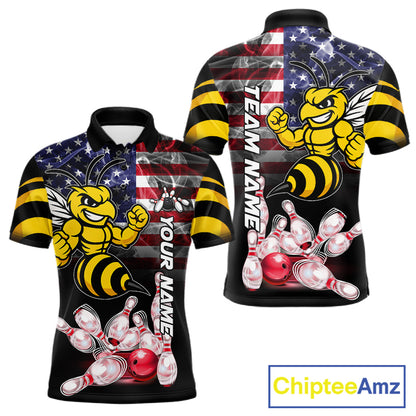 Smoke American Flag Funny Bee Bowling Custom Polo Shirt For Men Patriotic Bowling League Team Jersey