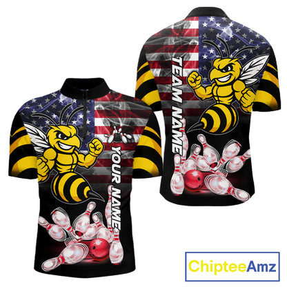 Smoke American Flag Funny Bee Bowling Quarter Zip Shirt For Men Custom Patriotic Bowling Team Jersey