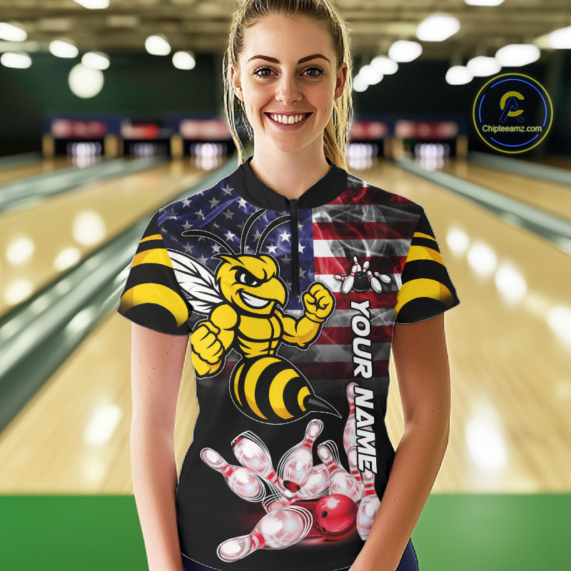 Woman Wearing Smoke American Flag Funny Bee Bowling Quarter Zip Shirt Front View Custom Bowling Jersey