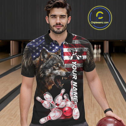 Man Wearing Smoke American Flag Wolf Bowling Polo Shirt Front View Custom Patriotic Bowling Jersey