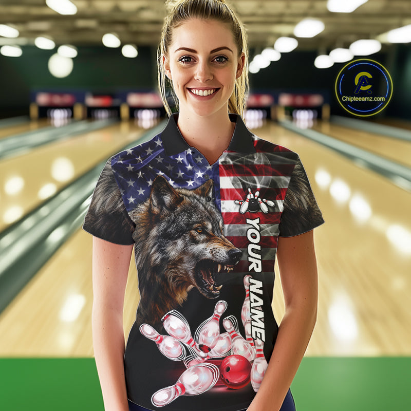 Woman Wearing Smoke American Flag Wolf Bowling Polo Shirt Front View Custom Patriotic Bowling Jersey