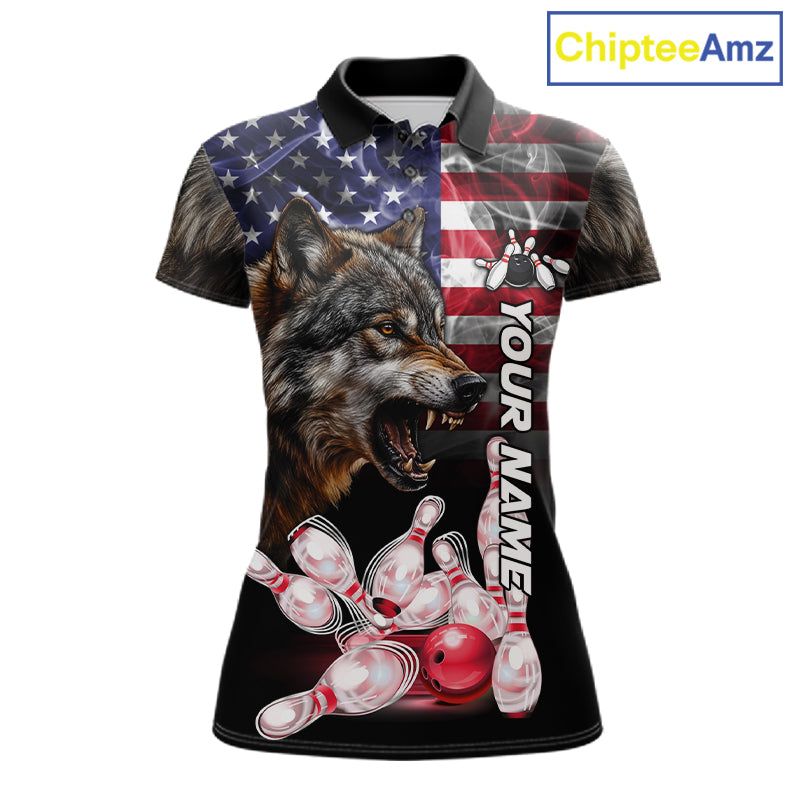 Smoke American Flag Wolf Bowling Polo Shirt For Women Custom Patriotic Bowling Team Jersey Design