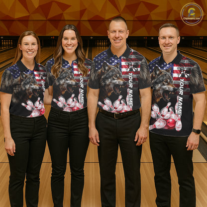 Bowling Team Wearing Smoke American Flag Wolf Bowling Polo Shirts Front View