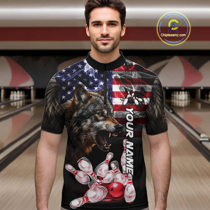 Man Wearing Smoke American Flag Wolf Bowling Quarter Zip Shirt Front View Custom Bowling Jersey