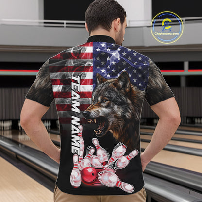Man Wearing Smoke American Flag Wolf Bowling Quarter Zip Shirt Back View Patriotic Bowling Team Jersey