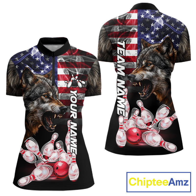 Smoke American Flag Wolf Bowling Quarter Zip Shirt For Women Custom Patriotic Bowling Team Jersey