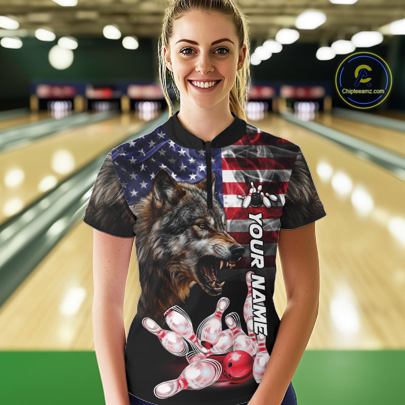 Woman Wearing Smoke American Flag Wolf Bowling Quarter Zip Shirt Front View Custom Bowling Jersey