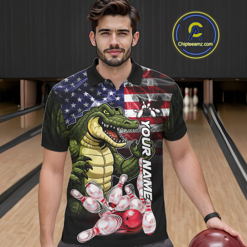 Man Wearing Smoke American Alligator Bowling Polo Shirt Front View Custom Patriotic Bowling Jersey