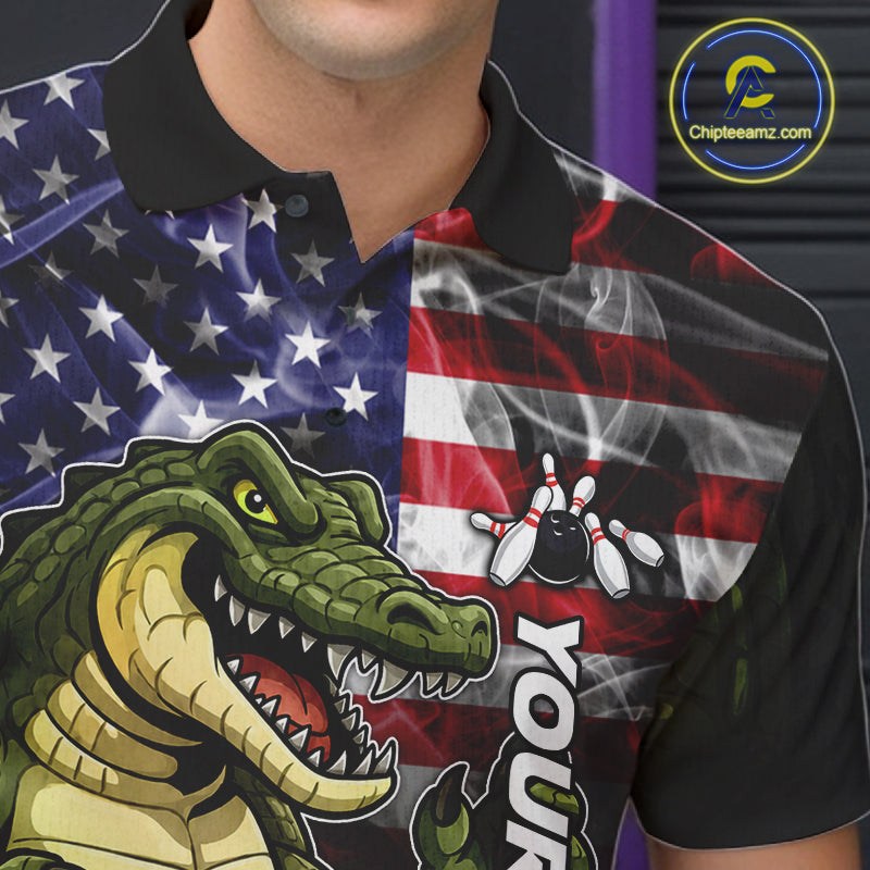 Close Up Of Smoke American Alligator Bowling Polo Shirt Collar Chest And Button Details
