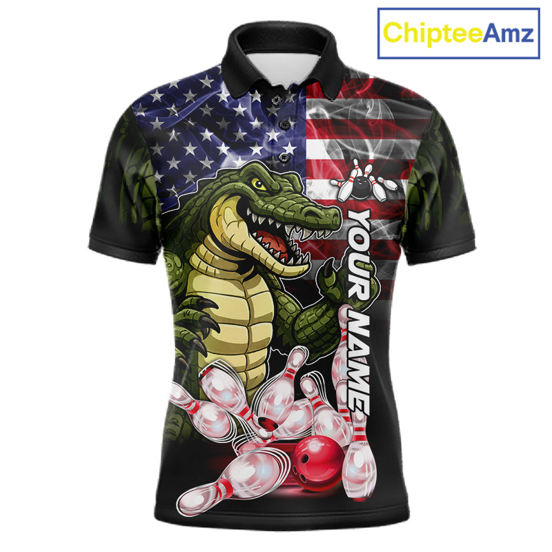 Smoke American Alligator Bowling Polo Shirt For Men Custom Patriotic Bowling Team Jersey Design