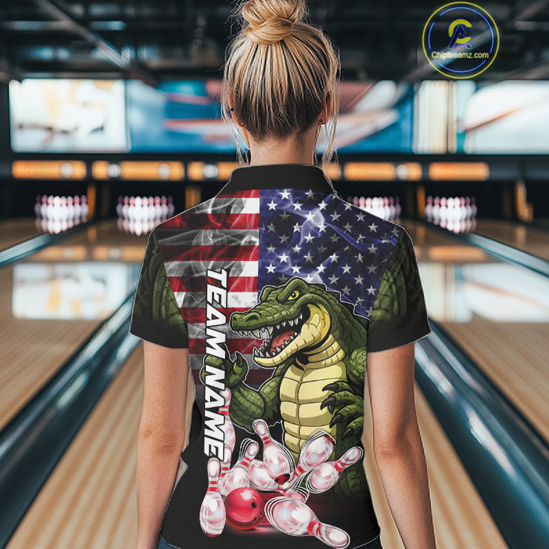 Woman Wearing Smoke American Alligator Bowling Polo Shirt Back View Patriotic Bowling Team Jersey