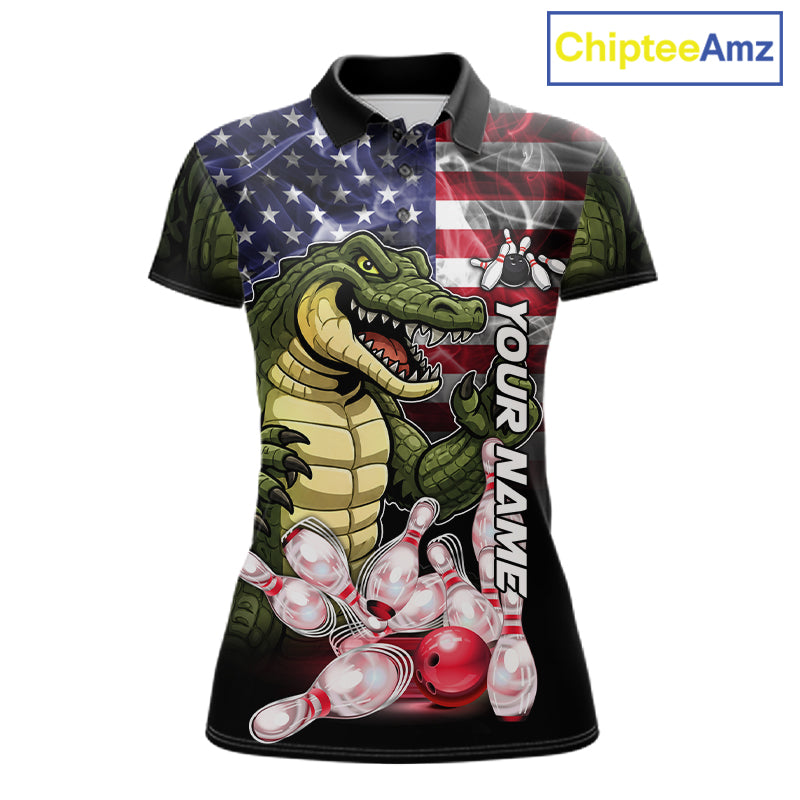 Smoke American Alligator Bowling Polo Shirt For Women Custom Patriotic Bowling Team Jersey Design
