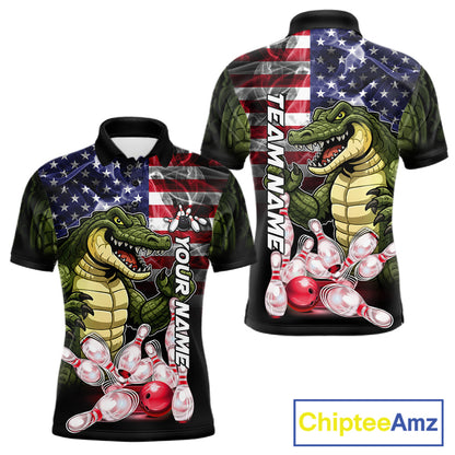 Smoke American Alligator Bowling Custom Polo Shirt For Men Patriotic Bowling League Team Jersey