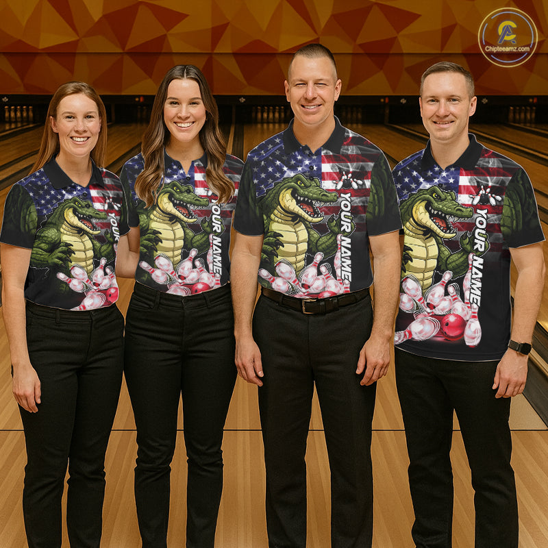 Bowling Team Wearing Smoke American Alligator Bowling Polo Shirts Front View