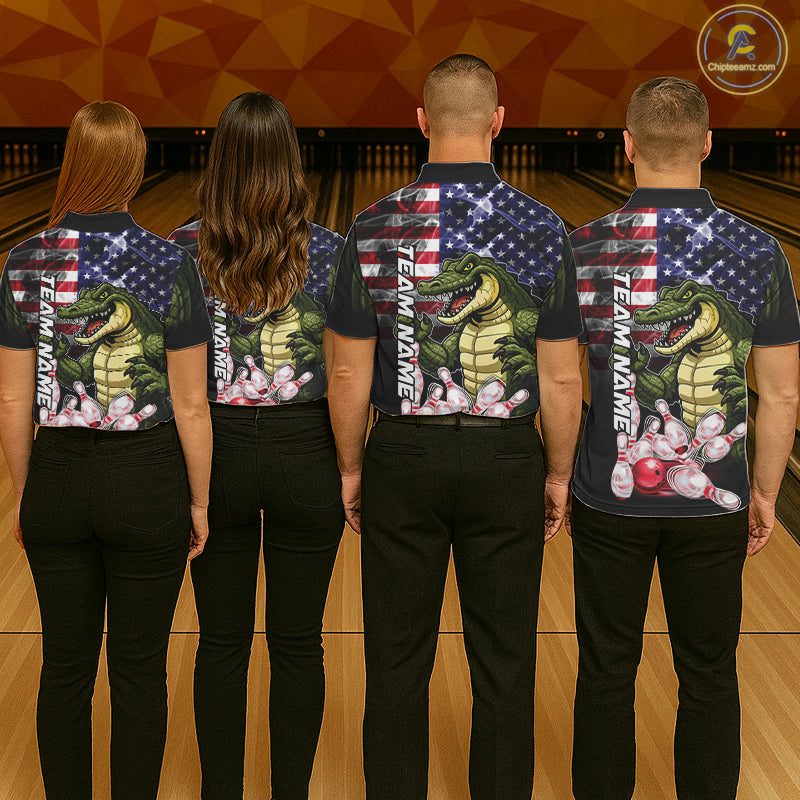 Bowling Team Wearing Smoke American Alligator Bowling Polo Shirts Back View