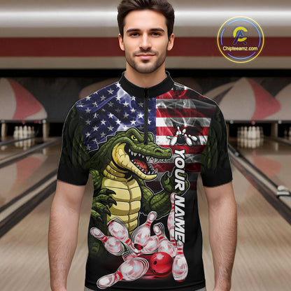 Man Wearing Smoke American Alligator Bowling Quarter Zip Shirt Front View Custom Bowling Jersey