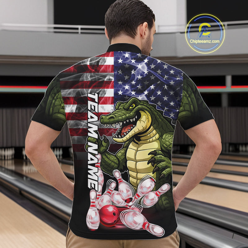 Man Wearing Smoke American Alligator Bowling Quarter Zip Shirt Back View Patriotic Bowling Team Jersey
