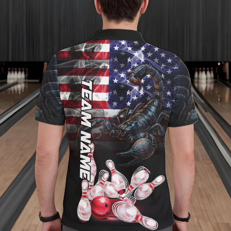Man Wearing Smoke American Flag Scorpion Bowling Polo Shirt Back View Patriotic Bowling Team Jersey