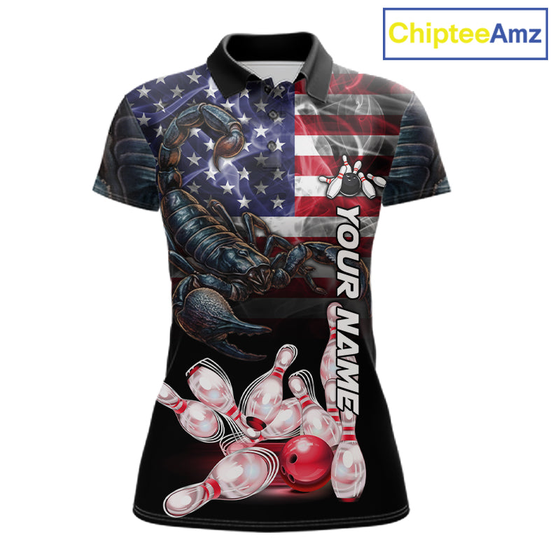 Smoke American Flag Scorpion Bowling Polo Shirt For Women Custom Patriotic Bowling Team Jersey Design