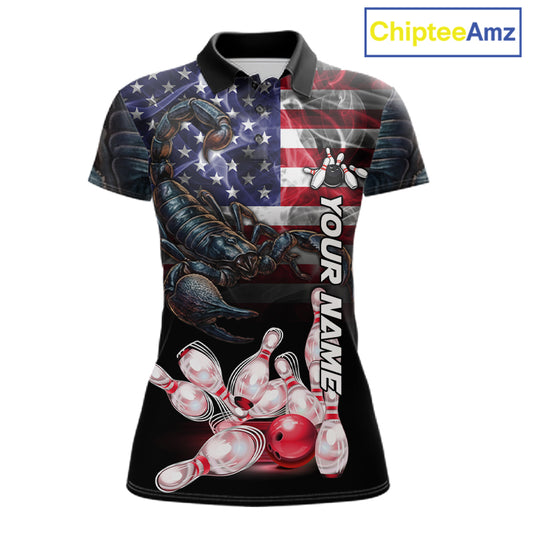 Smoke American Flag Scorpion Bowling Polo Shirt For Women Custom Patriotic Bowling Team Jersey Design