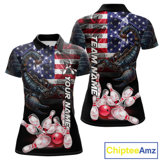 Smoke American Flag Scorpion Bowling Custom Polo Shirt For Women Patriotic Bowling League Team Jersey