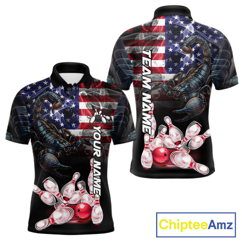 Smoke American Flag Scorpion Bowling Custom Polo Shirt For Men Patriotic Bowling League Team Jersey