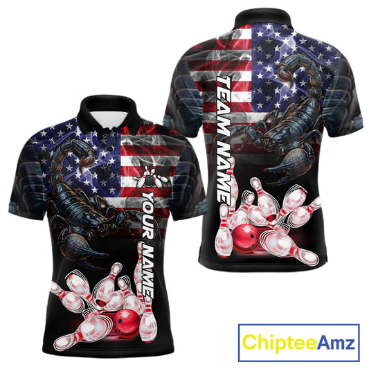 Smoke American Flag Scorpion Bowling Custom Polo Shirt For Men Patriotic Bowling League Team Jersey