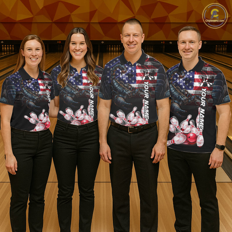Bowling Team Wearing Smoke American Flag Scorpion Bowling Polo Shirts Front View